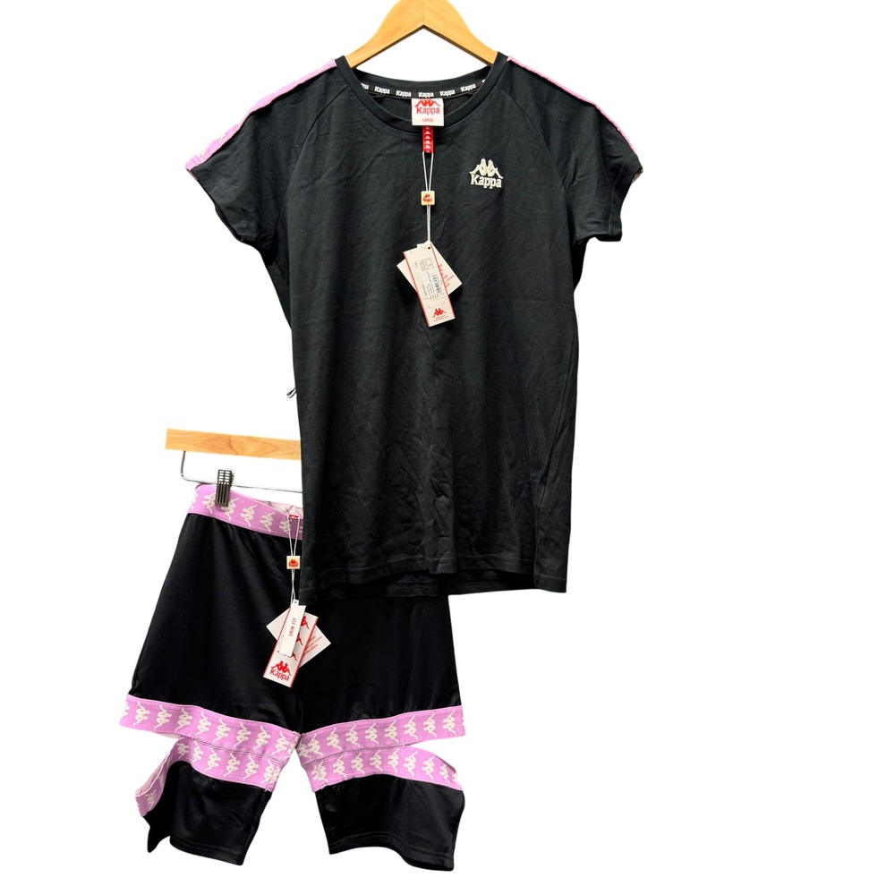 Kappa Activewear Set Banda Womens L Black Smoke Violet T-Shirt Biker Shorts NEW